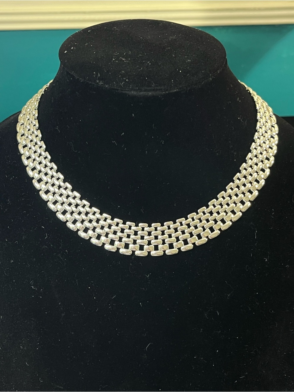 Vintage NAPIER 1990s Silver-Tone 7-Row Panther Brick Link Necklace 1776